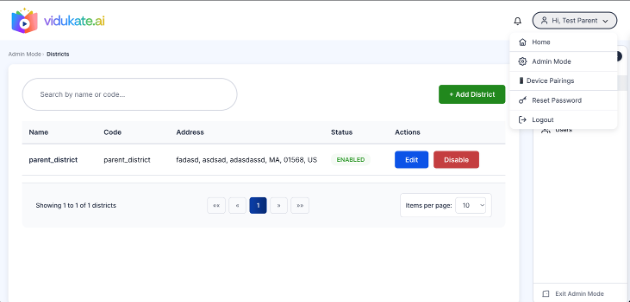 Admin Mode › Districts: parents can add and manage districts directly