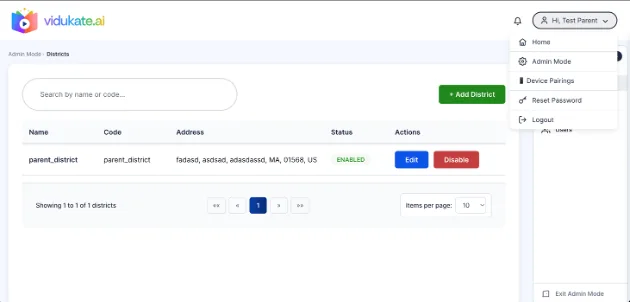 Admin Mode › Districts: parents can add and manage districts directly