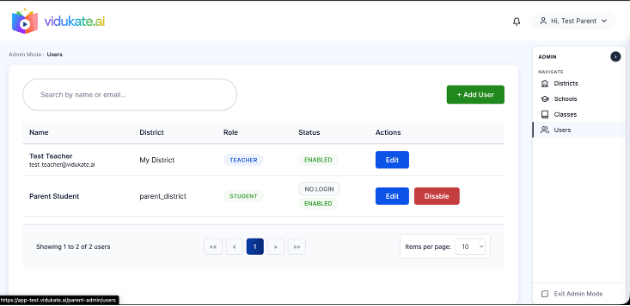 Admin Mode › Users: manage every user's role and status in one place.