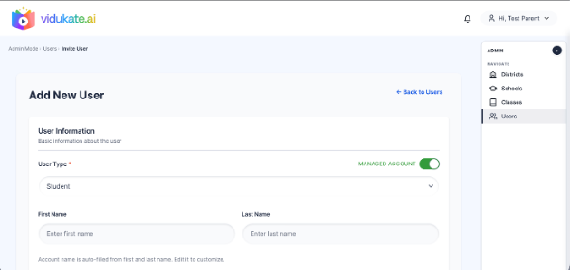 Enable the “Managed Account” toggle when adding a new student user.