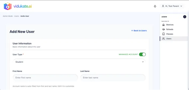 Enable the “Managed Account” toggle when adding a new student user.