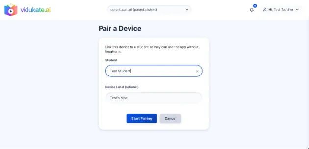 A teacher pairs a device to a student directly from Vidukate.ai.