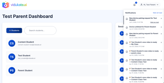 The same notification also appears right in the parent's dashboard.