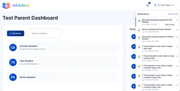 The same notification also appears right in the parent's dashboard.