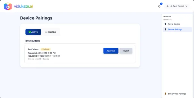 Parents approve or reject pairing requests from the Device Pairings page.